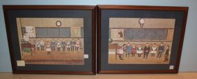 Two Framed Prints of Children in the Classroom by M. Ikis