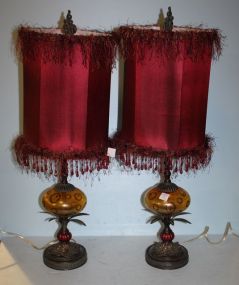 Pair of Contemporary Decorative Resin, Metal Hand Painted Glass Lamps