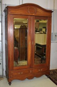 Oak French Double Door Armoire with Beveled Mirrors