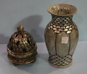 Ceramic Vase and Candle Ceramic vase, silver in color, scale design 10 1/4