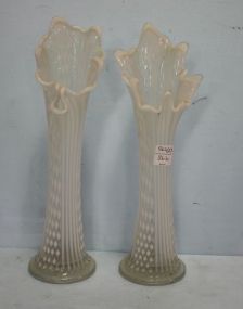 Pair White Overlay Trumpet Vases