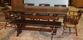 Pine Trestle Base Dining Table w/Bench and Chairs