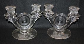 Pair of Etched Two Arm Glass Candlesticks