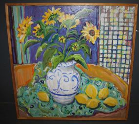 Large Oil Painting of Flower Pot on Table with Lemons, signed Buchanan