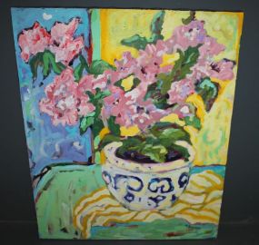 Oil on Canvas of Flower Pot with Pink Flowers, signed M. Buchanan