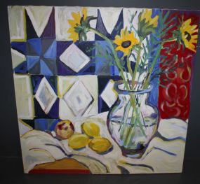 Oil on Canvas of Glass Vase with Sunflowers and Lemons, signed Buchanan