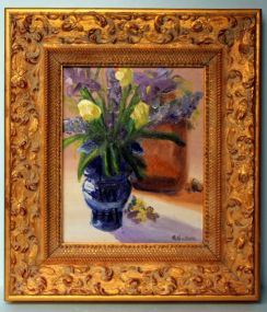 Oil on Canvas of Flowers in Blue Vase, signed C. Nelson