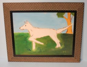 Oil on Canvas of White Dog, signed TC