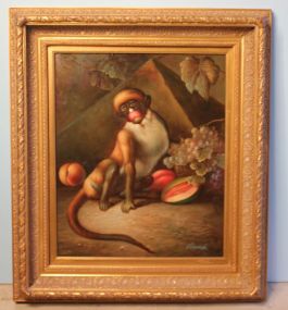 Contemporary Oil Painting of Monkey with Fruit