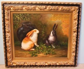 Contemporary Oil Painting of Two Rabbits and a Jar