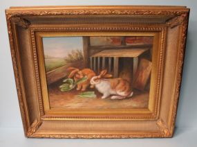 Contemporary Painting of Two Rabbits with Cage