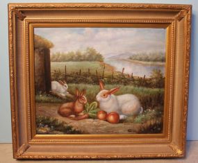 Contemporary Painting of Three Rabbits in a Field