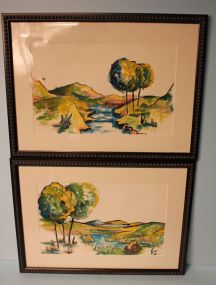 Pair of Watercolors of Trees Along Hills and Stream, signed Ryeia '68