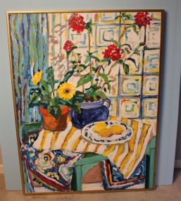 Large Painting of Flower Pots with Lemons on Plate, signed M. Buchanan
