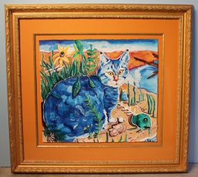 Large Watercolor of Blue Cat with Green Fish by Dwellia Haas