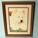 Watercolor of White Scottie Dog, signed Janette '01