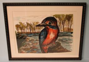 Watercolor of Bird on Rock in the Water