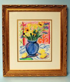 Watercolor of Blue Vase with Flowers, signed Buchanan