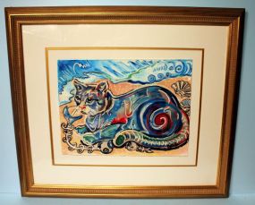 Watercolor of Blue Cat with Fish Bones by Dewellia Crowson