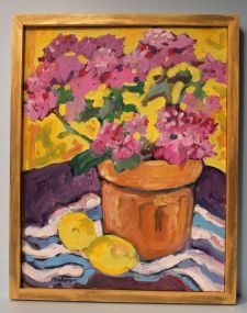 Oil Painting of Flowers and Pot, signed Buchanan