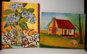 Oil Painting of Cabin and Dog along with Oil Painting of Vase with Flowers
