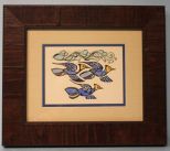 Walter Anderson Color Silk Screen of Three Blue Jays and Vine