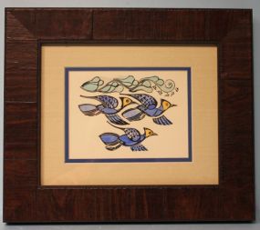 Walter Anderson Color Silk Screen of Three Blue Jays and Vine