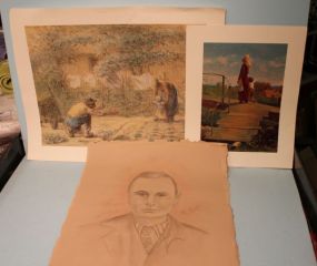 Two Unframed Prints and Pencil Drawing