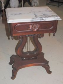 Reproduction Lyre Base Victorian Style Mahogany Marble Top End Table