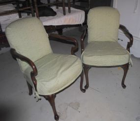 Pair of Walnut Upholstered Queen Anne Style Arm Chairs