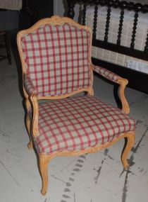 French Style, Natural wood Arm Chair Covered in Plaid