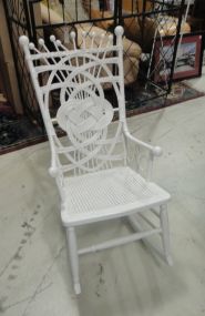 Painted White Stick and Ball Wicker Rocker with Cane Seat