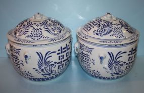 Pair of Blue and White Covered Porcelain Jars with Handles