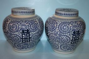 Pair of Blue and White Covered Porcelain Jars