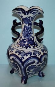 Blue and White Footed Two Handle Porcelain Vase