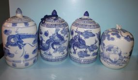 Four Blue and White Lidded Oriental Style Jars