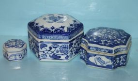 Three Various Blue and White Covered Boxes