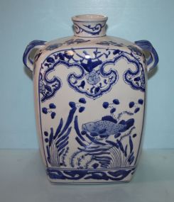 Square Shaped Blue and White Porcelain Vase with Hand Painted Fish and Two Handles