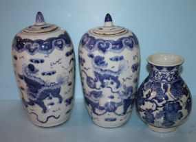 Pair of Blue and White Covered Jars along with Blue and White Porcelain Vase