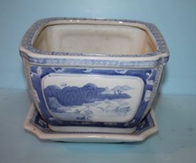 Blue and White Pottery Planter with Under Tray in Oriental Motif