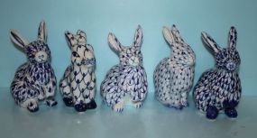 Five Blue and White Porcelain Rabbits