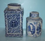 Two Blue and White Covered Porcelain Ginger Jars