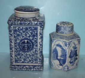 Two Blue and White Covered Porcelain Ginger Jars