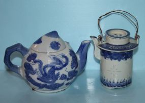 Two Blue and White Oriental Design Porcelain Tea Pots