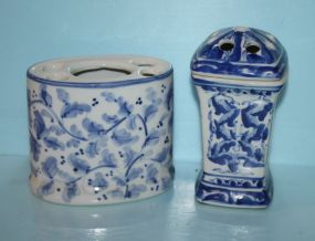 Two Blue and White Porcelain Toothbrush Holders