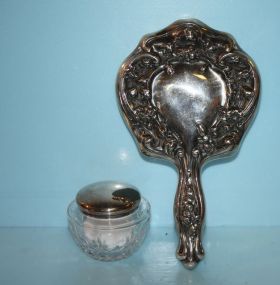 Art Nouveaux Style Silverplate Mirror along with Cut Glass Jar with Silverplate Lid