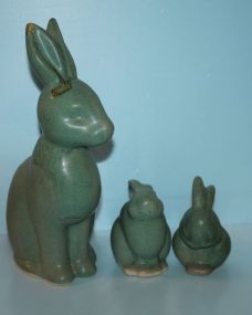 Three Green Pottery Rabbits