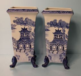Pair Blue and White Footed Vases