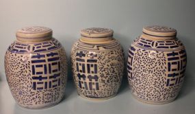 Three Blue and White Porcelain Ginger Jars