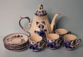 Delft Blue Pot and Four Cups with Saucers